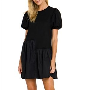 English Factory Puff Shoulder Mixed Media Minidress - Black - Medium NWT